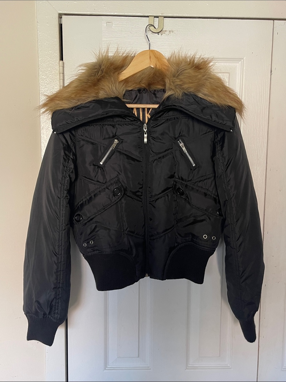MIKK COUTURE Cropped Black Bomber Jacket With Faux Fur Trim Size Large